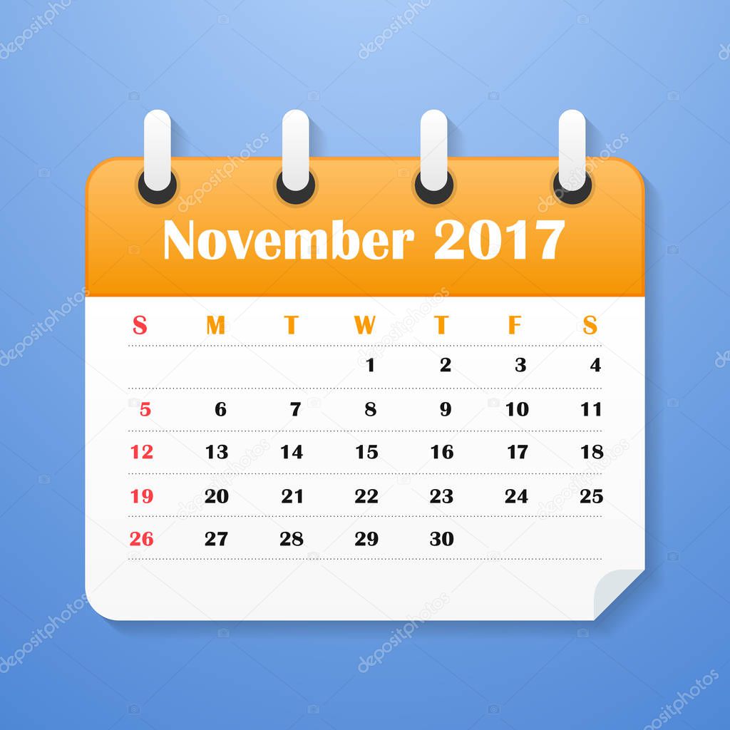 USA Calendar for November 2017. Week starts on Sunday.