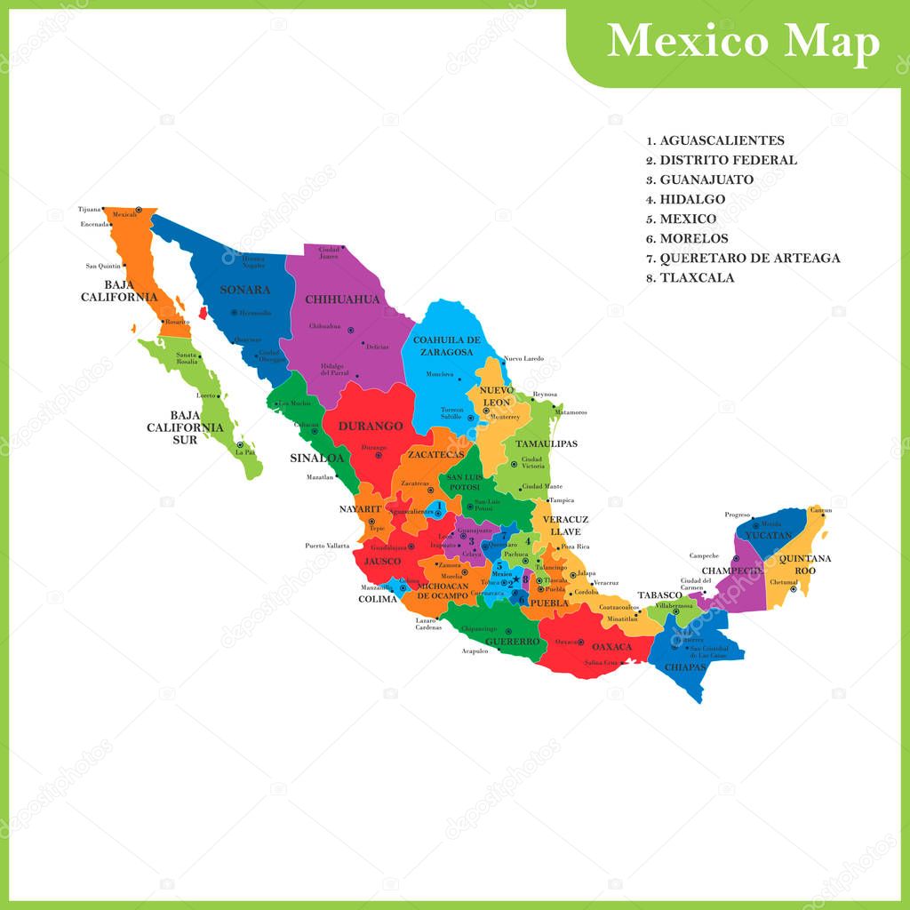 El mapa detallado del México con regiones o estados y ciudades ...