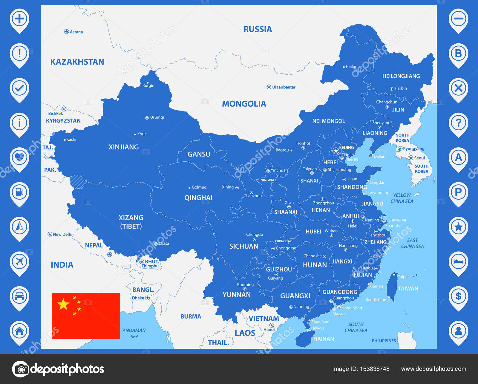 中国地区或国家和城市，首都的详细的地图。用图钉或指针。放置位置标记或标志图库矢量图©-panya- 163836748