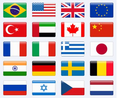 Popüler ülke bayrakları kümesi. Parlak dikdörtgen vektör Icon set.