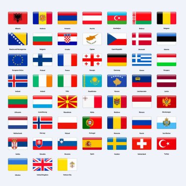 Tüm Avrupa ülkelerinin bayrakları kümesi. Dikdörtgen parlak stili.