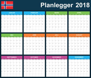 Norveç planlayıcısı 2018 için boş. Zamanlayıcı, gündem veya günlüğü şablonu. Hafta Pazartesi günü başlar