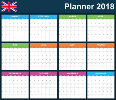 İngiltere'de planlayıcısı 2018 için boş. İngilizce zamanlayıcı, gündem veya günlüğü şablonu. Hafta Pazartesi günü başlar