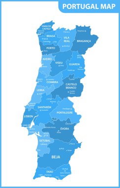 Bölgeler veya Birleşik ve şehirler, büyük harfler ile Portekiz Detaylı Haritası