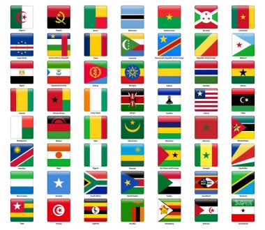 Tüm Afrika ülkelerinin bayrakları kümesi. Parlak kare stili