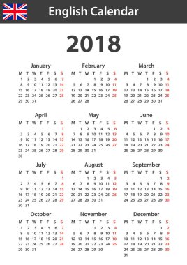 İngilizce takvim için 2018. Zamanlayıcı, gündem veya günlüğü şablonu. Hafta Pazartesi günü başlar