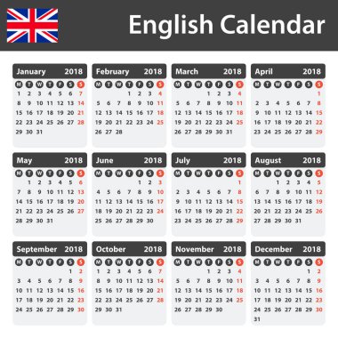 İngilizce takvim için 2018. Zamanlayıcı, gündem veya günlüğü şablonu. Hafta Pazartesi günü başlar