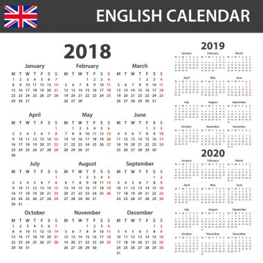 2018, 2019 ve 2020 için İngilizce takvim. Zamanlayıcı, gündem veya günlüğü şablonu. Hafta Pazartesi günü başlar