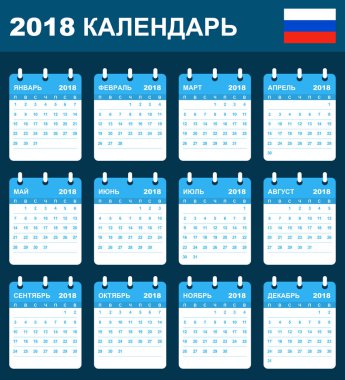 Rus takvim için 2018. Zamanlayıcı, gündem veya günlüğü şablonu. Hafta Pazartesi günü başlar