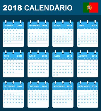 Portekizce takvim için 2018. Zamanlayıcı, gündem veya günlüğü şablonu. Hafta Pazartesi günü başlar