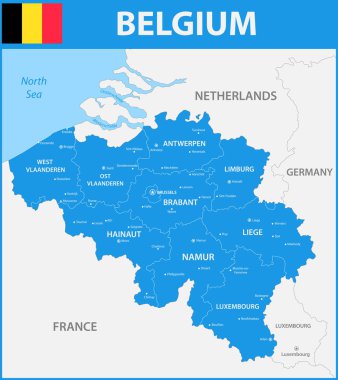 Bölgeler veya Birleşik ve şehirler, büyük harfler ile Belçika Detaylı Haritası.