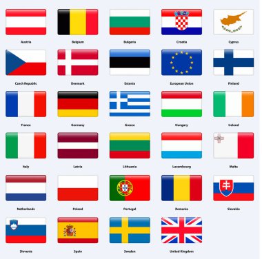 Avrupa Birliği ülkelerinin tüm bayraklar. Dikdörtgen parlak stili.