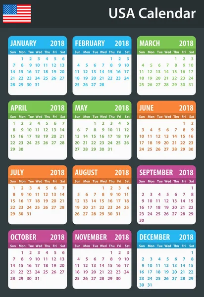 Calendario de EE.UU. para 2018. Programador, agenda o plantilla de diario. La semana comienza el domingo — Vector de stock