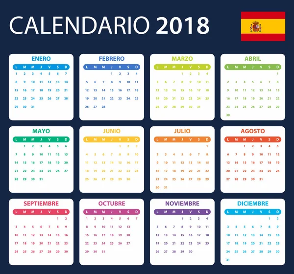 Calendrier espagnol pour 2018. Planificateur, ordre du jour ou modèle de journal. La semaine commence le lundi — Image vectorielle