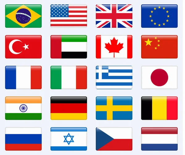 Set of popular country flags. Glossy rectangle vector icon set. — Stock Vector