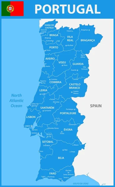 Podrobná mapa Portugalska s regiony či státy a města, capitals. — Stockový vektor