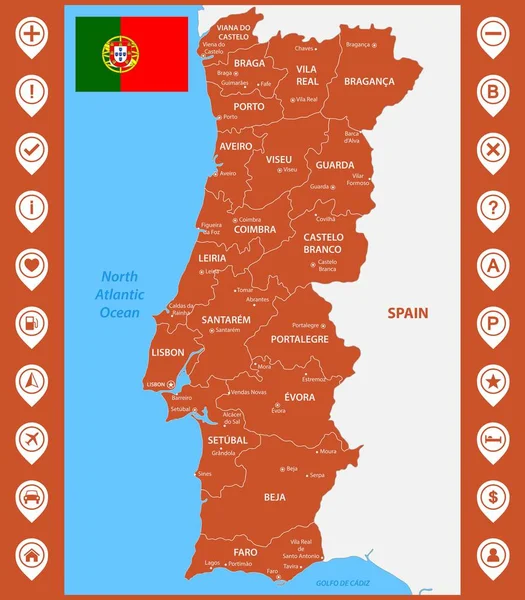 The detailed map of Portugal with regions or states and cities, capitals. With map pins or pointers. Place location markers or signs — Stock Vector