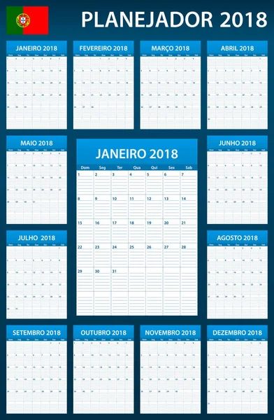 Planner portoghese vuoto per il 2018. Pianificatore, agenda o modello di diario. La settimana inizia lunedì — Vettoriale Stock