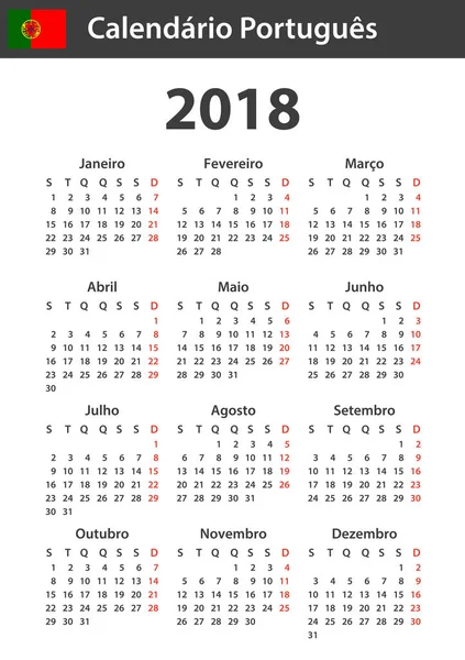 Portekizce takvim için 2018. Zamanlayıcı, gündem veya günlüğü şablonu. Hafta Pazartesi günü başlar