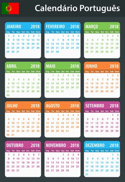 Calendario portoghese per il 2018. Pianificatore, agenda o modello di diario. La settimana inizia lunedì — Vettoriale Stock