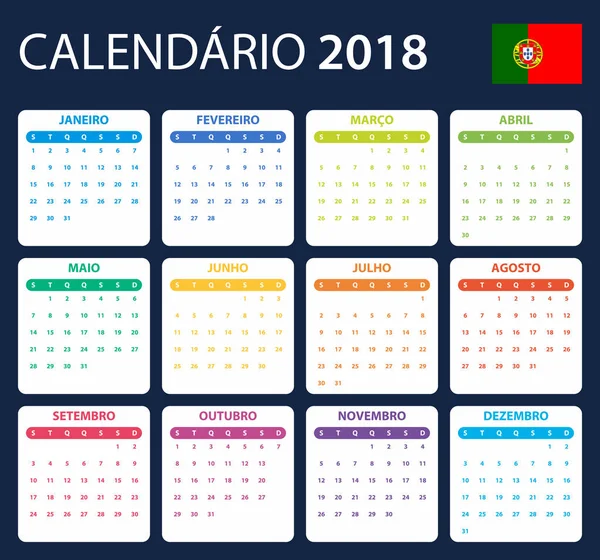 2018 的葡萄牙日历。调度程序、 议程或日记模板。周从星期一开始 — 图库矢量图片