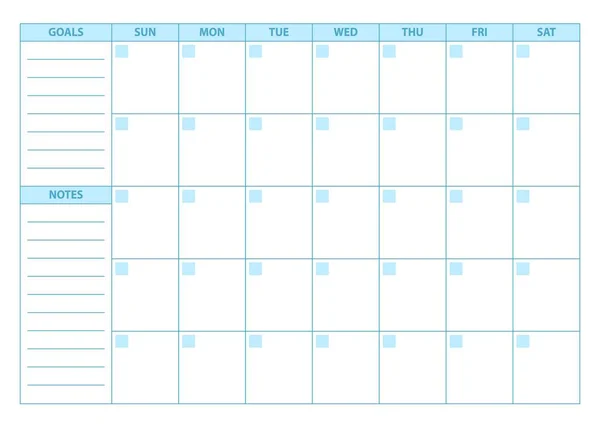 Planificador vacío. Programador, agenda o plantilla de diario. La semana comienza el domingo — Vector de stock