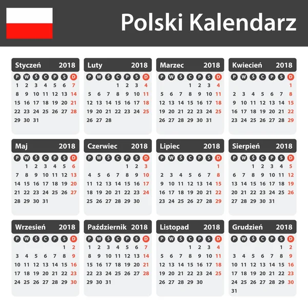 Polski kalendarz do 2018 r. Harmonogram, agendy lub dziennik szablon. Tydzień rozpoczyna się w poniedziałek — Wektor stockowy