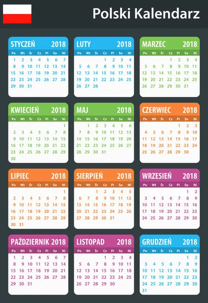 2018 ஆம் ஆண்டிற்கான போலந்து காலண்டர். அட்டவணை, நிகழ்ச்சி நிரல் அல்லது நாட்குறிப்பு மாதிரி. வாரம் திங்கட்கிழமை தொடங்குகிறது — ஸ்டாக் வெக்டார்