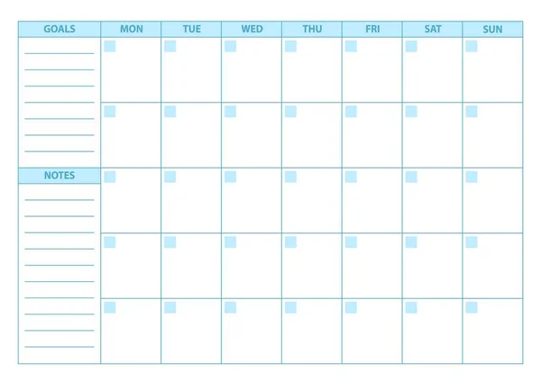 Planificador vacío. Programador, agenda o plantilla de diario. La semana comienza el lunes — Vector de stock