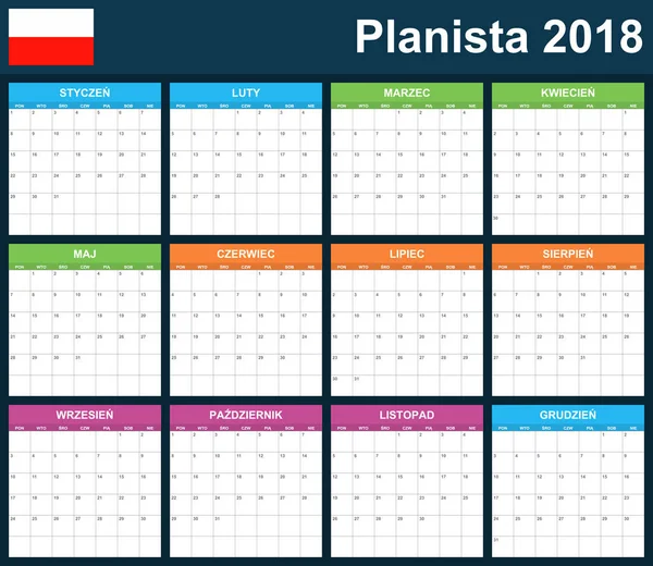 Lehçe planlayıcısı 2018 için boş. Zamanlayıcı, gündem veya günlüğü şablonu. Hafta Pazartesi günü başlar