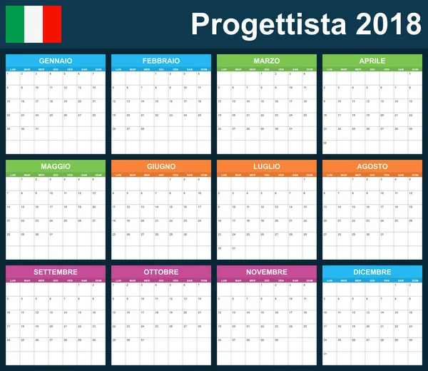Italienischer Planer blanko für 2018. Terminplaner, Agenda oder Tagebuchvorlage. Woche beginnt am Montag — Stockvektor