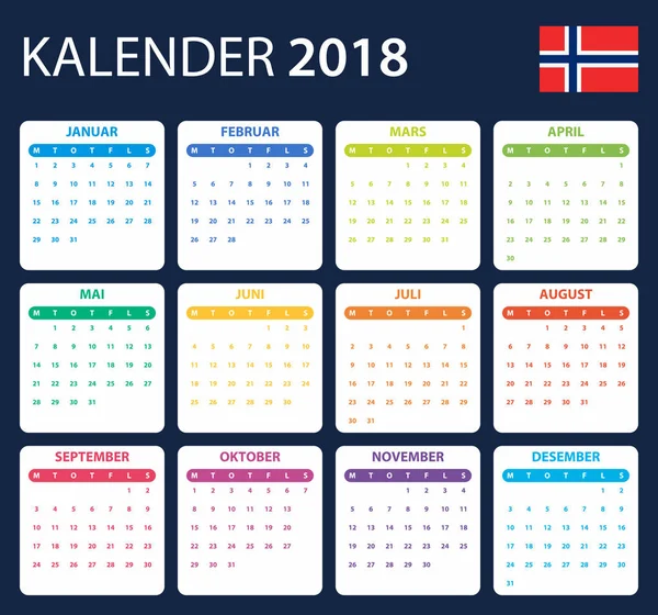 Norweski kalendarza do 2018 r. Harmonogram, agendy lub dziennik szablon. Tydzień rozpoczyna się w poniedziałek — Wektor stockowy