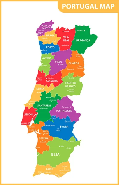 Podrobná mapa Portugalska s regiony či státy a města, capitals — Stockový vektor