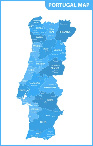 Podrobná mapa Portugalska s regiony či státy a města, capitals — Stockový vektor