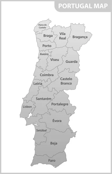 Podrobná mapa Portugalska s regiony či státy — Stockový vektor