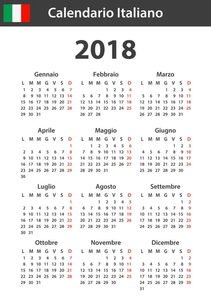 Calendrier italien pour 2018. Planificateur, ordre du jour ou modèle de journal. La semaine commence le lundi — Image vectorielle