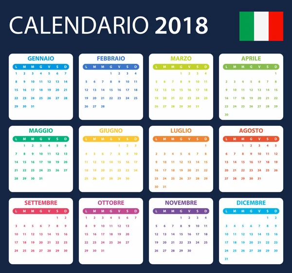 Calendario italiano 2018. Pianificatore, agenda o modello di diario. La settimana inizia lunedì — Vettoriale Stock