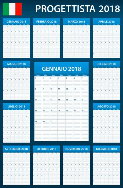 Italienischer Planer blanko für 2018. Terminplaner, Agenda oder Tagebuchvorlage. Woche beginnt am Montag — Stockvektor