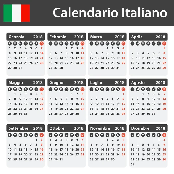 Italienischer Kalender für 2018. Terminplaner, Agenda oder Tagebuchvorlage. Woche beginnt am Montag — Stockvektor