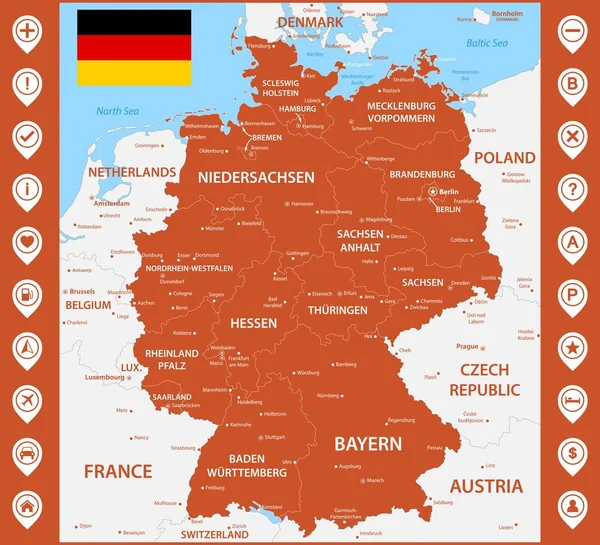 Die Detailkarte von Deutschland mit Regionen oder Staaten und Städten, Hauptstädten. mit Kartenpins oder Zeigern. Ortsmarkierungen oder Hinweisschilder platzieren — Stockvektor