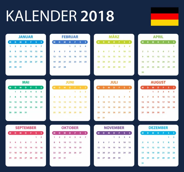 2018 のドイツのカレンダーです。スケジューラ、議題や日記のテンプレートです。週の開始日 (月曜日) — ストックベクタ
