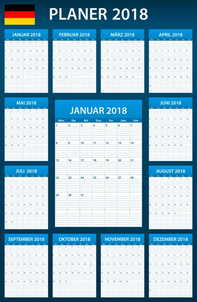 ドイツの立案者 2018年の空白。スケジューラ、議題や日記のテンプレートです。週の開始日 (月曜日) — ストックベクタ