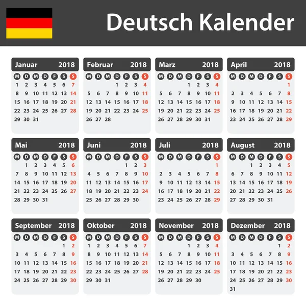 Német naptár 2018. Táblázat, a menetrend vagy a napló sablon. Hét kezdőnapja a hétfő — Stock Vector