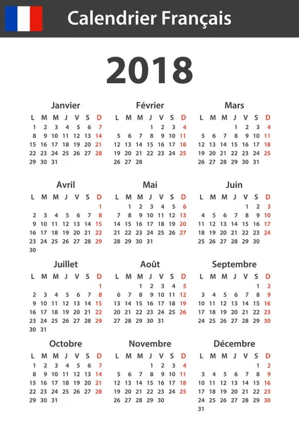 Französischer Kalender für 2018. Terminplaner, Agenda oder Tagebuchvorlage. Woche beginnt am Montag — Stockvektor