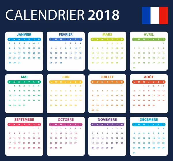 Calendrier français pour 2018. Planificateur, ordre du jour ou modèle de journal. La semaine commence le lundi — Image vectorielle