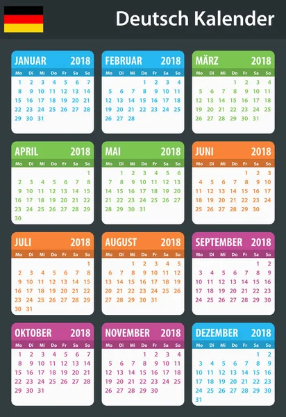 Calendario alemán para 2018. Programador, agenda o plantilla de diario. La semana comienza el lunes — Vector de stock