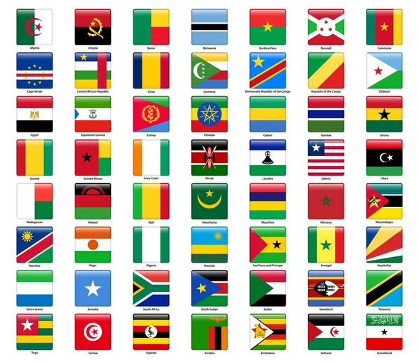 Conjunto de bandeiras de todos os países africanos. Estilo quadrado brilhante —  Vetores de Stock