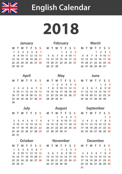 İngilizce takvim için 2018. Zamanlayıcı, gündem veya günlüğü şablonu. Hafta Pazartesi günü başlar