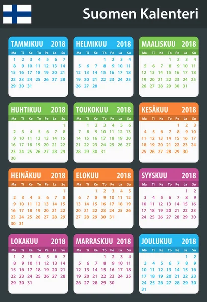 Calendário finlandês para 2018. Programador, agenda ou modelo de diário. Semana começa na segunda —  Vetores de Stock
