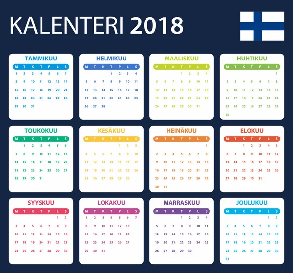 Fiński kalendarza do 2018 r. Harmonogram, agendy lub dziennik szablon. Tydzień rozpoczyna się w poniedziałek — Wektor stockowy